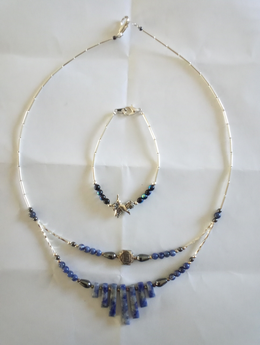 Sterling Silver Blue Bead Layered Necklace & Bracelet Set NEW SET!